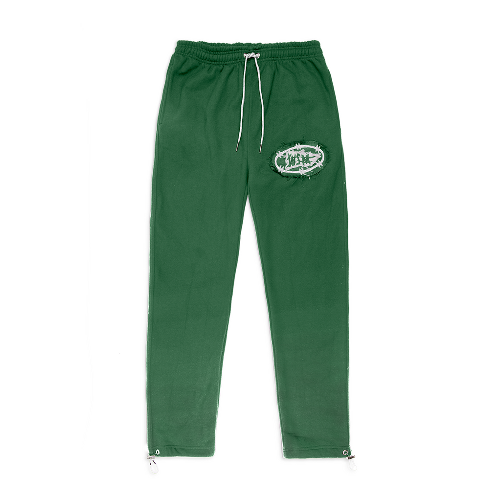 Front Green Tracksuit Cotton Bottoms Applique Stitching White Drawstrings
